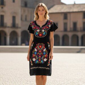 Mexican Embroidered Dress black Colorful Floral Cotton Oaxaca Boho Folk Medium